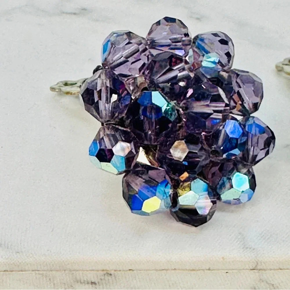 Vintage Purple Cluster Glass Bead Earrings Clip On Aurora Borealis Iridescent - Picture 4 of 9